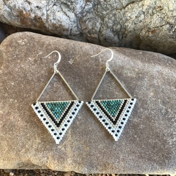 Turquoise Triangle Beaded Earrings, Handmade by Me - Picture 6 of 6